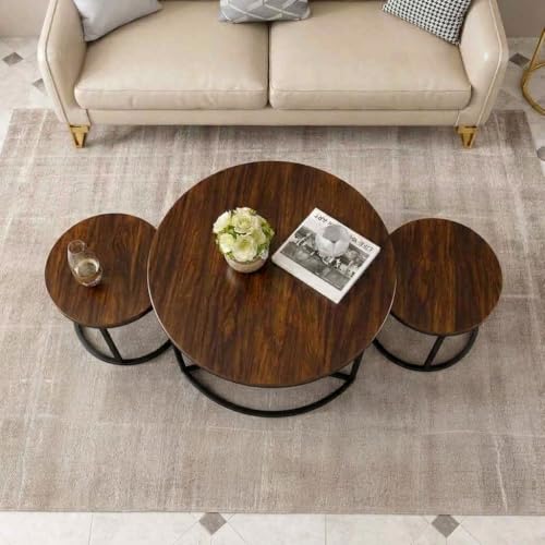 Image of 3 Piece Living Room Table Set, 1 Center Table and 2 End Nesting Tables NO-Tools Assembly Round Stacking Coffee Side Tables for Small Spaces, Nightstand Bedside Table