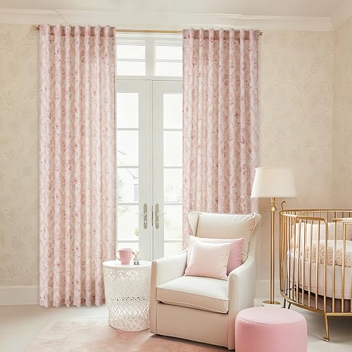 Image of Pink Linen Floral Pattern 96 Inch Curtains 2 Panel Set for Living Room | Semi Sheer, Light Filtering, Window Curtains, Blush Flower, Plant Leaf Print, Vintage, Boho, Drapes for Bedroom , Nursery