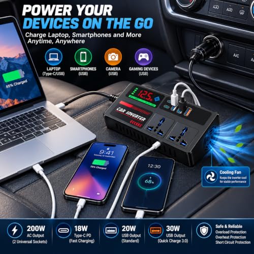 Image of PowerEdge 200W Car Laptop Charger /Car Power Inverter with 2 USB (3A & 2.4A) + 2 Type-C (30WPD & 2.4A), Smart USB Charging Ports, 12V /24V DC to 220V AC, 2X Universal AC Outlet