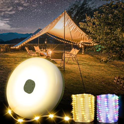 Bowfar Camping Lichterkette Aufrollbar, 10M 130 LED RGB+Warmweiß Lichterkette Außen mit USB Wiederaufladbare, 2-in-1 Alpenwolken Tragbare Campinglampe Taschenlampe für Camping Zelt Wandern Hof