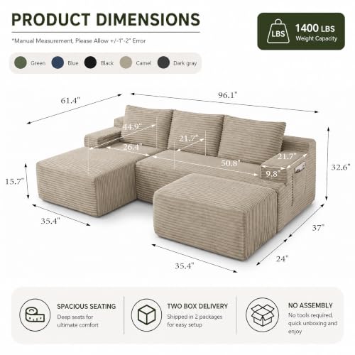 Image of Boneless Couch, Modular Sectional Couches for Living Room, U-Shaped Cloud Couch Sofa with Deep Seat, Fluffy Corduroy Upholstered Corner Sofa