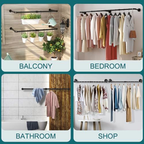 Lighterday Kleiderstange Wandmontage Metall Garderobenstange,Schwerlast Kleiderstange Wand Schwarz Kleiderstangen Industrial,Kleiderstange Decke für Kleiderstange für Schlafzimme (180cm)