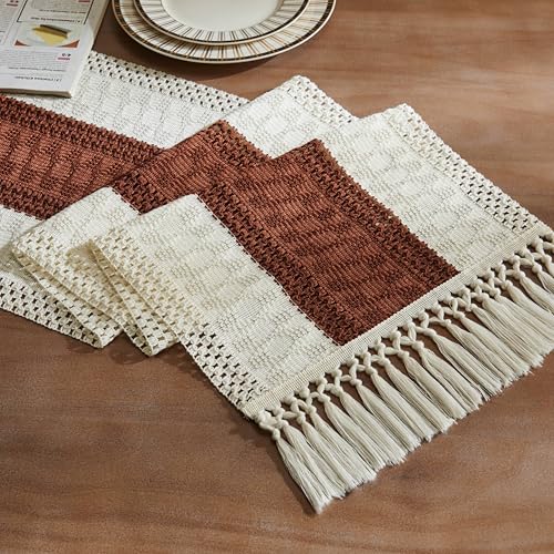 Image of ZeeMart Macrame Style Bicolor Stitching Table Runner, 14 x 72 Inch Terracota /Ivory, Boho Rust Table Runners 72 Inches Long, Farmhouse Woven Home Decor