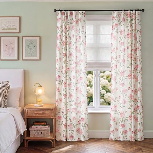 Image of jinchan Pink Floral Linen Curtains 96 Inch Cottagecore Back Tab 2 Panels | Light filtering drapes, semi sheer, farmhouse, watercolor, romantic, living room, bedroom, rod pocket, window treatment