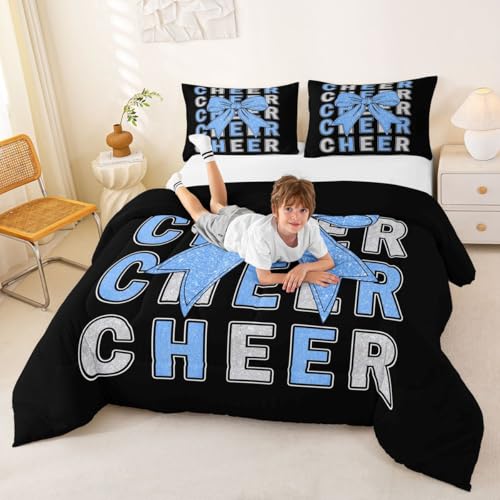 Image of Feelyou Blue Cheer Bow Comforter Set All Season Glitter Cheerleader Bedding Set with 2 Pillow Cases Cheerleading Microfiber Kids Queen Bedclothes Sport Bedroom Decor Duvet Quilt Soft Lightweight