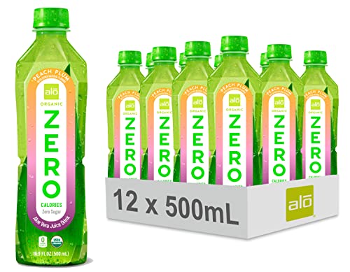 ALO ORGANIC ZERO Aloe Vera Juice, Peach + Plum | 16.9 fl oz, Pack of 12 | Zero Calorie, Aloe Vera Sugar Plant-Based Drink