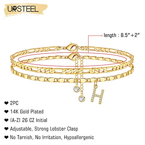 Image of Ursteel Ankle Bracelets for Women, 14K-Gold-Plated Dainty Layered Chain CZ Initial Anklets Set Summer Jewelry Gifts for Women