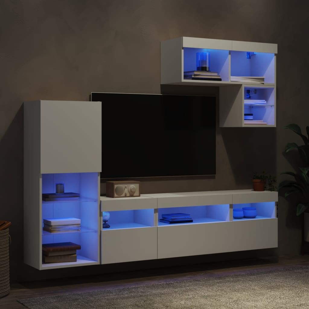 6 Piece LED TV Wall Unit White Engineered Wood Floating TV Cabinets Modular Storage Set 30-102 cm for Living Room Bedroom Corridor