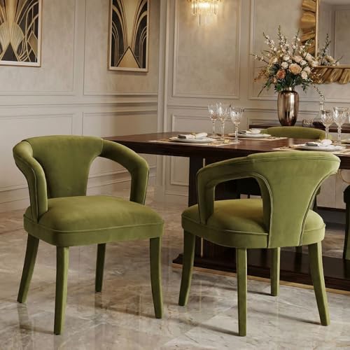 Hyfirm Olive-Green Velvet Dining Chairs Set of 2, Modern Solid Wood Kitchen Chairs, All-Over Fabric Upholstered Side Chairs for Kitchen/Dining Room/Living Room/Restaurant