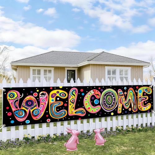 Image of Welcome Outdoor Banner 78.7 x 17.7 Inch Colorful Letter Design with Bright Dots Artistic Large Hanging Decoration for Porch Fence or Garden Outdoor Event Party Display Home Entrance Decoration