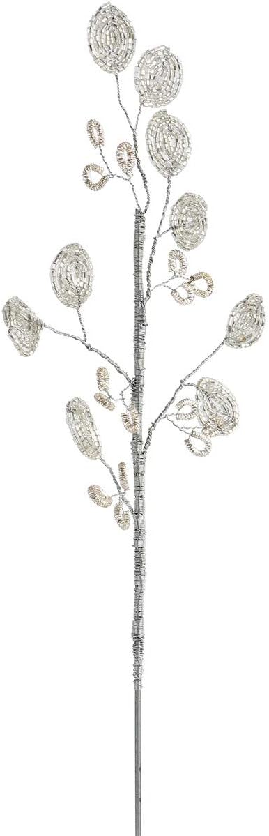 Beaded Leaf Elegant Timeless Silver Tone 15 x 5 Iron Metal Holiday Floral Pick