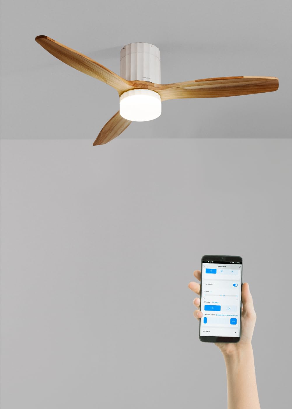 CREATE / WINDCALM LINE/Ventilatore da soffitto bianco con luce Wifi e telecomando, pale Legno chiaro linee verticali / 40W, Timer, Ø132 cm, 6 velocità, 3 temperature di luce, funzione estate-inverno