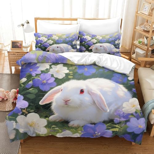WXLWHR Funda De Edredón Lop Conejo Microfibra Suave Juego De Sábanas 3 Piezas Patrón Conejo Belier Flores Azul Blanco con Cremallera Y Fundas De Almohada para Familiar Y Niños Single（140x200cm）