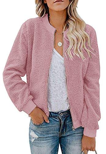 Mirol Women's Sherpa Fleece Jacket Faux Fuzzy Long Sleeve Casual Zip Up Bomber Coat Pink Large #TOP11