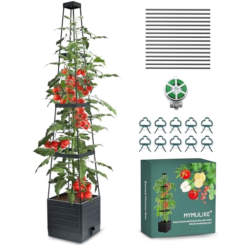 MYMULIKE Jardinière surélevée avec treillis, cage à tomates, lit de jardin surélevé avec treillis pour grimper, légumes, plantes, cage à tomates avec arrosage automatique, 25 x 25 x 150 cm (1, noir)