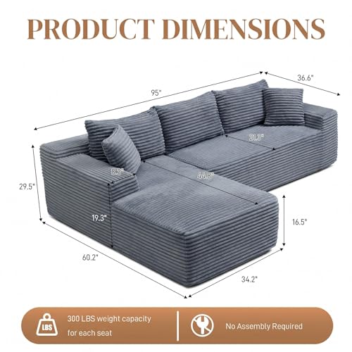 Image of 95 inch L Shaped Cloud Boneless Sectional Couches for Living Room, Modern Comfy Modular Deep Seat Memory Foam Compressed Corduroy Sofa Oversized Left Facing Chaise, No Assembly Required, Grey