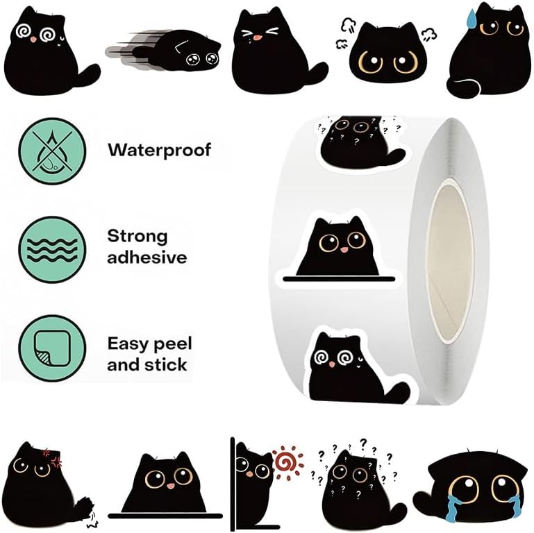 500 Pcs Black Cat Stickers Roll, 10 Styles Cute Cartoon Kitten Sticker, Waterproof Vinyl Cat Party Favors for Journals, Laptops, Scrapbooking Bulk Stickers for School & Birthday Goodie Bags - Image 6