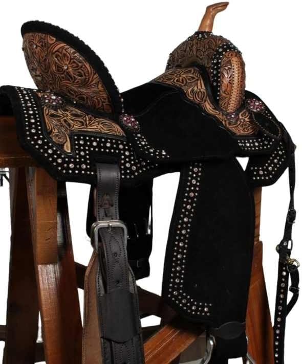 Western Horse Saddle Wooden Tree Barrel Racing Custom Cowboy Cowgirl Handmade Premium Leather Pleasure Comfort Trail Tack Equestrian Tooled Carved Saddle for Riding Size: 10-18 inch Seat, MO-07