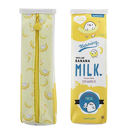 Image of GLOGLOW Cartoon Milk Stationery Bag, PU Creative Milk Box Pen Pencil Case Milk Carton Pencil Cases Large Capacity Storage Bag (Yellow)