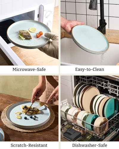 Image of Famiware Plates and Bowls Set with Rim, Stoneware Dinnerware Sets for 4 | 12-Piece Ceramic Dishes, Lipped Edges, Chip & Scratch Resistant, Microwave & Dishwasher Safe, Everyday Formal Use, Light Blue