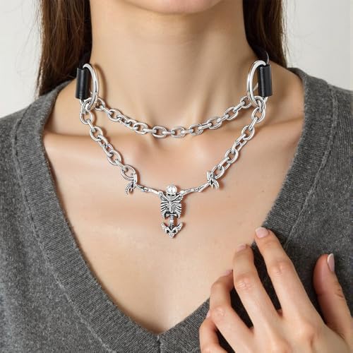 Gothic Skeleton Skull Choker Necklace Punk Captivity Skull Pendent Necklace Goth Grunge Emo Necklace Halloween Costume Accessories for Men Women4