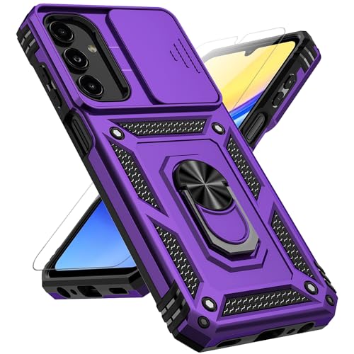 for Samsung Galaxy A15 5G Case with Slide Camera Cover HD Screen Protector [Military Grade 16ft. Drop Tested] Magnetic Ring Holder Kickstand Protective Phone Case for Galaxy A15 5G 2024, Purple