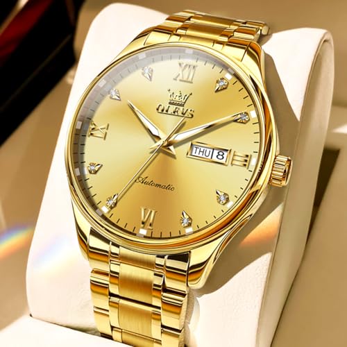 Image of OLEVS Automatic Watches for Men Self Winding Mechanical Classic Diamond Business Luxury Dress Stainless Steel Waterproof Calendar Mens Watch