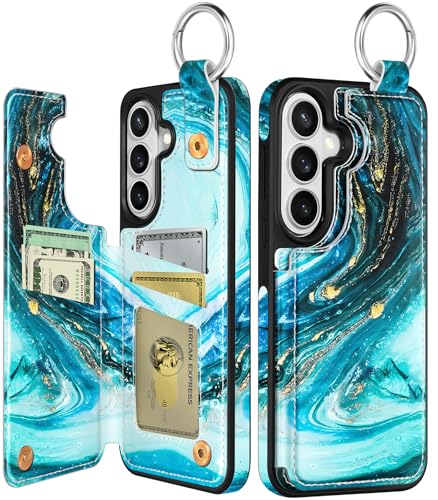 Funda cartera Samsung S26 con soporte magnético y protector de piel cian