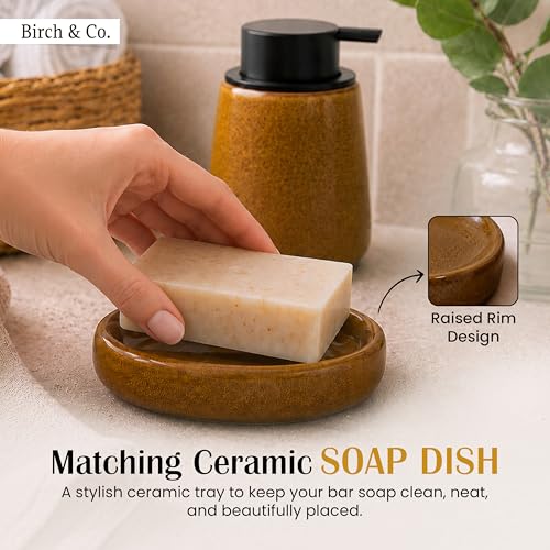 Image of Birch & Co. Premium Handwash Dispenser - Liquid Soap Dispenser for Wash Basin - Ceramic Soap Dispenser - 400 ml Soap Dispenser, Toothbrush Holder & Soap Dish, Modern Countertop Organizer,HoneyBrown