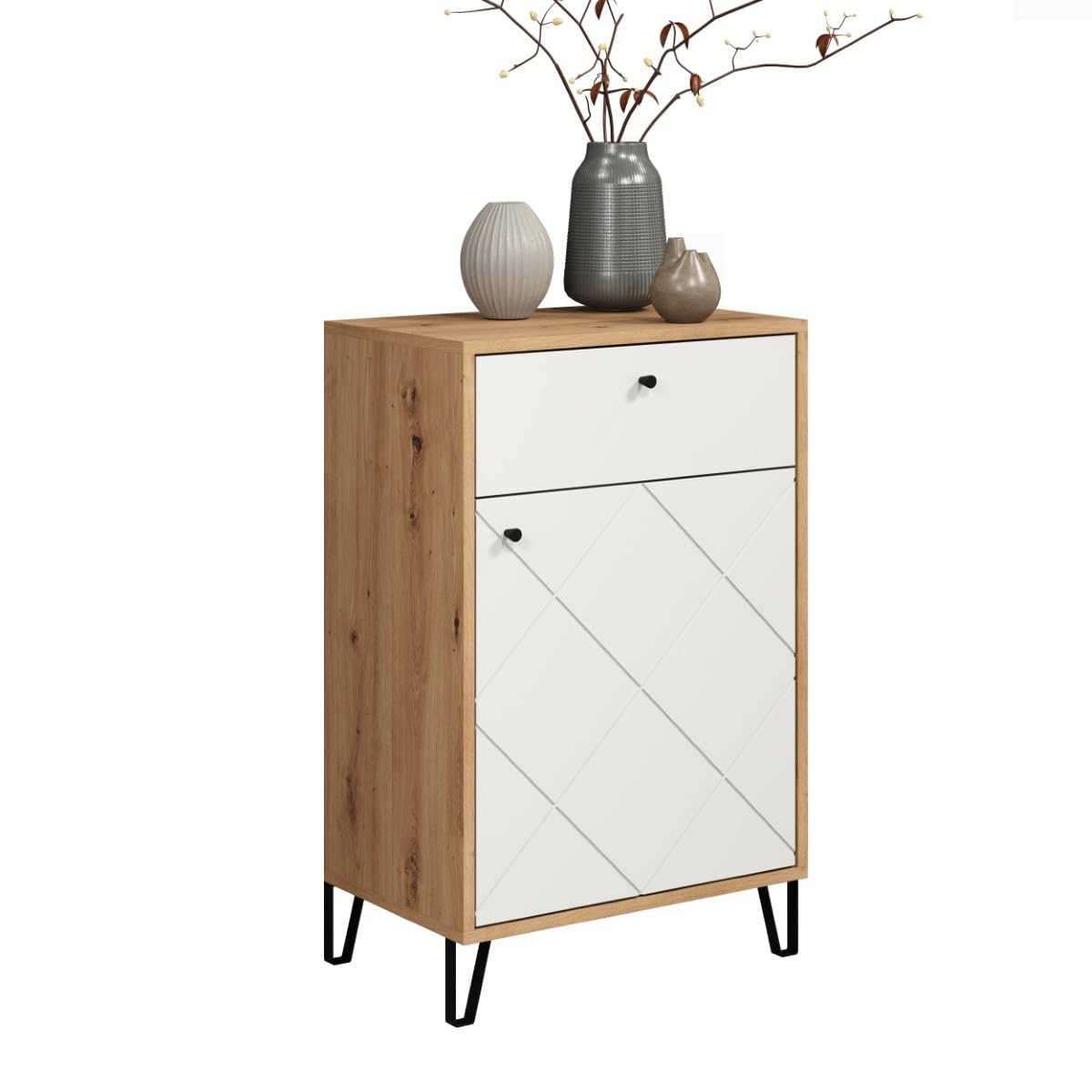 trendteam smart living - Touch - Kommode - Eiche/Weiß - Garderobenkommode mit moderner Rautenfräsung - Soft-Close - (BxHxT) 63 x 96 x 40 cm - Flurschrank mit Vollauszug-Schubladen