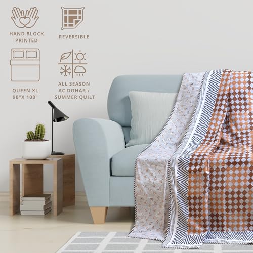 Image of TOAIArt Premium Jaipuri Dohar | AC Blanket Summer Quilt | Hand Block Printed | 3 Layers | Reversible | 150GSM 100% Mulmul Cotton| 100% Cotton Flannel Filling | Queen 90 inch X 108 inch|Brown Checks Blue Lines