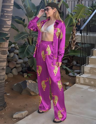 Image of Ekouaer Womens Satin Silky Pajama Set 2 Piece Print PJs Soft Loungewear Button Down Sleepwear with Elastic Waist Long Pants