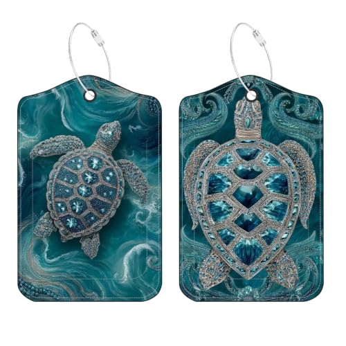 Image of Jeweled Sea Turtle Luggage Tags 2 Pack, PU Leather Privacy