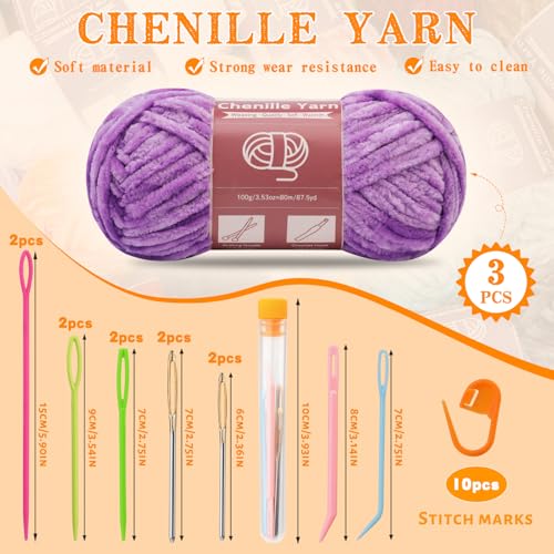 Image of LUNARM Chenille Yarn 3 Pack 3.5oz Chunky Blanket Velvet Yarn 263 Yard | Light Purple Chunky Chenille Yarn for Beginners Crocheting Hand Knitting Scarves with Big Eye Needles Machine Washable