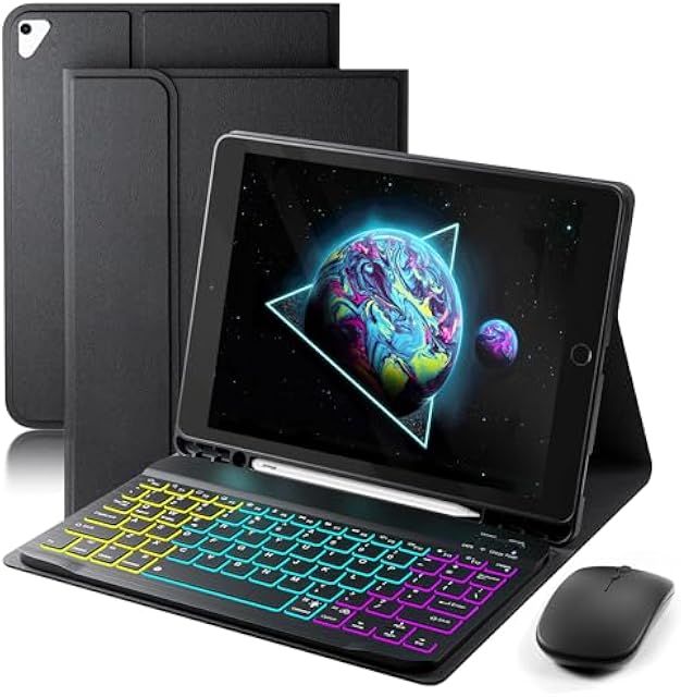 SAMTUNK Keyboard Case for iPad 9.7 inch 6th, 5th Generation/Pro 9.7 / Air 2 / Air 1-7 Color Rainbow Change Backlit Magnetic Keyboard Built in Pencil Holder with Mouse- Black