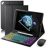 Keyboard Case for iPad 9.7 inch, iPad 6th (2018)/iPad 5th Gen(2017), iPad Pro 9.7(2016), iPad Air 2 (2014) - 7 Color Rainbow Change Backlit Magnetic Keyboard Built in Pencil Holder with Mouse- Black