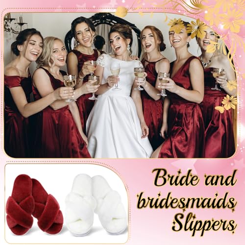 Image of JenPen 7 Pairs Bridesmaids Slippers Women's Cross Band Fuzzy Bachelorette Party Slippers for Wedding Bridal Party