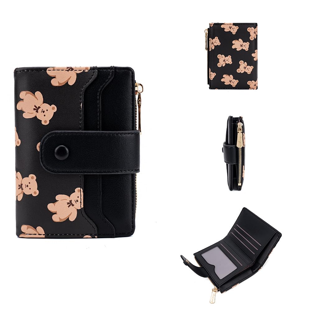 Cute Wallet for Women, Bear Print Zip Bifold Wallet with Front Card Slot, ID Window, Cash Slot, Short Women Wallet, Elegant Youthful and Cute (Black)-image-22