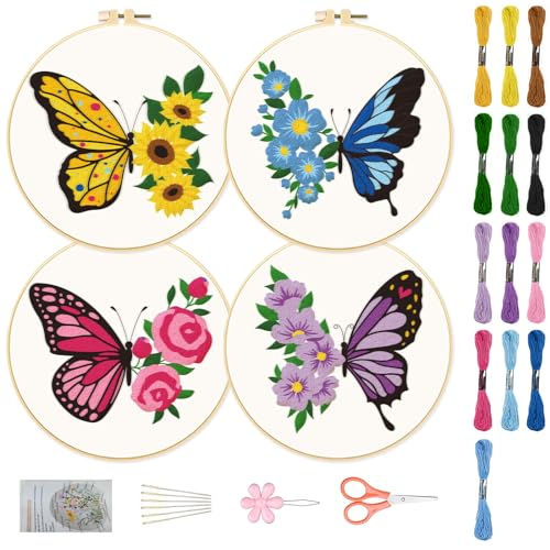 ORIGACH 4 Pack Flowers and Butterfly Embroidery Kits for Beginners DIY Starter Embroidery Kit with Floral and Butterfly Patterns and Instructions for Adults Women Crafting