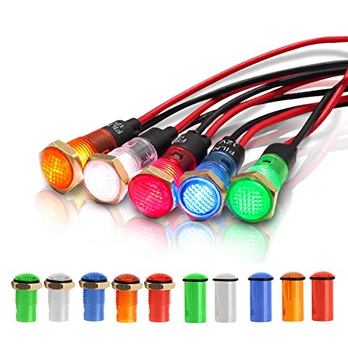 FILN 5 Stück 12 V LED Kontrollleuchte Pilotsignallampe 8mm (5/16 ") 24 V wasserdicht rot grün blau gelb weiße Flächenleuchten(rot1stück+grün1stück+gelb1stück+blau1stück+Weiß1stück-12V) Cover