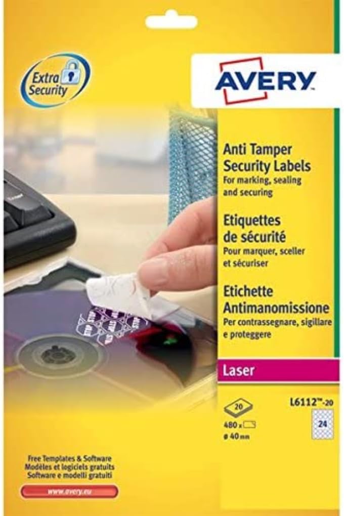 Avery L611220 Anti Tamper Labels (A4 Sheets of Round 40 mm, 24 Labels