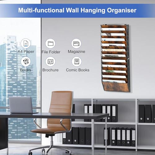 TQVAI 12 Compartimentos Metálica Madera Revistero Pared Documentos Organizador Papeles A4 Colgante Oficina Archivador de Organizador Herramientas Pared, Negro/Antiguo - imagen 5