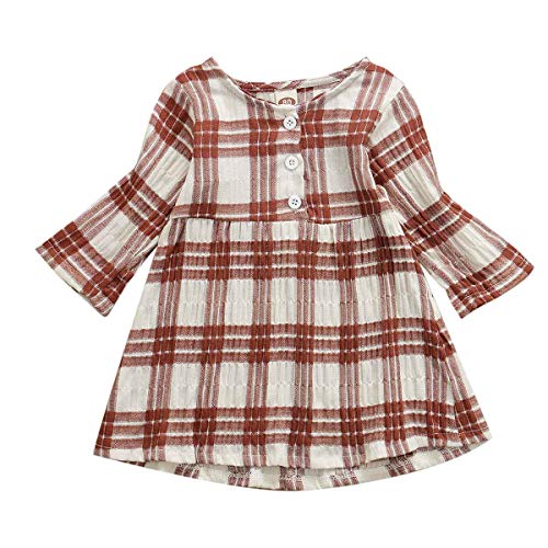 Liyamiee Toddler Baby Girls Plaid Dress Long Sleeve Ruffle Tunic Dress Fall Dress 2T 3T 4T (Orange?White Plaid, 12-18 Months)