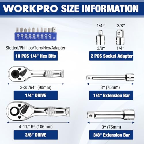 16-Pc WORKPRO Stubby Ratchet & Bit Driver Set (1/4", 3/8" Drive) - image 6