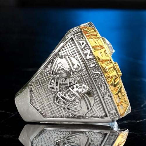 Legacy Rings 2024 Fantasy Football Championship Trophy Ring Gold Silver Tone, Award for Fantasy Football League Winner Light Blue Stones Size 103