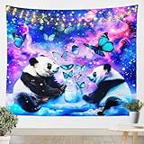 Cute Panda Tapestry Wall Hanging Cartoon Panda Bear Wall Blanket Galaxy Butterflies Print Tapestry For Kids Adults Lovely Animals Wall Art Decor for Bedroom Living Room, Purple Blue Small 51x59