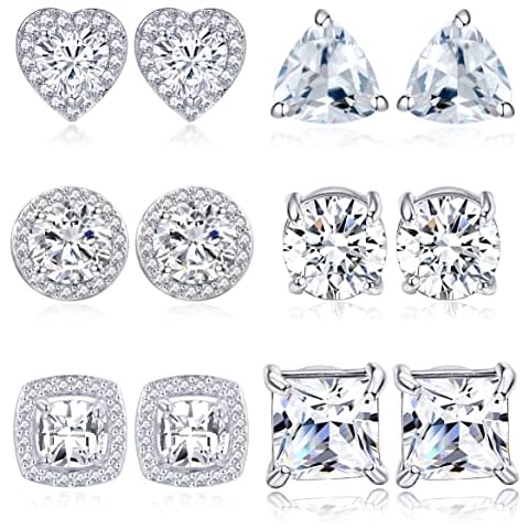 Tornito 6 Pairs Round Square Heart Tear Drop Cubic Zirconia Halo Stud Earrings Lightweight for Women Girls, Cubic Zirconia Cover