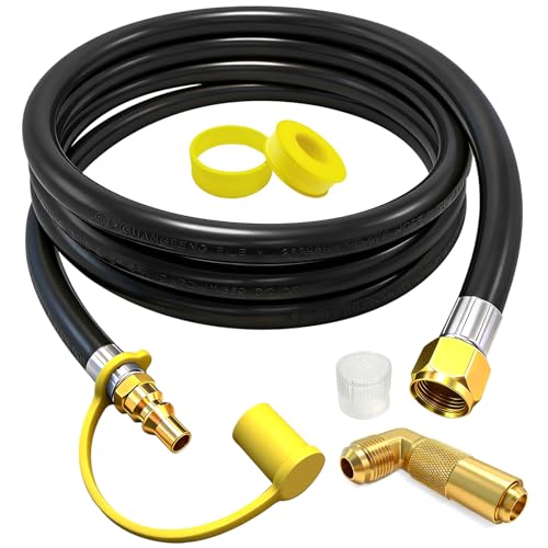 8ft RV Quick Connect Propane Hose for RV to Grill Low Pressure LP Gas Hose w/Elbow Adapter 1/4 Quick Plug x 3/8 Female Flare for Blackstone 17/22 Griddle/Weber Grill/Camp Chef Stove/Fire Pit etc.