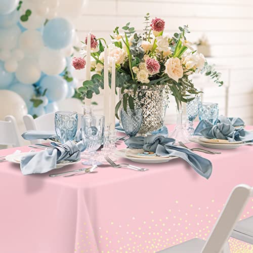 Image of Mulbozy 2 Pcs Pink Tablecloth 54 inchx108 inch Gold Dot Pink Table Cloth, Pink Disposable Plastic Tablecover for Birthday, Baby Shower, Picnic, Camping, Event & Parties