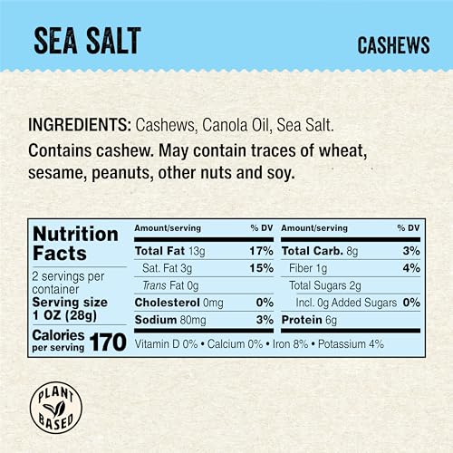 Image of IChoose Sea Salt Cashews, 2oz Individual Snack Packs (20 Count Bulk) - Lightly Salted Whole Roasted Cashews . Office, Family & Pantry Pack . Plant-Based Protein . Gluten Free